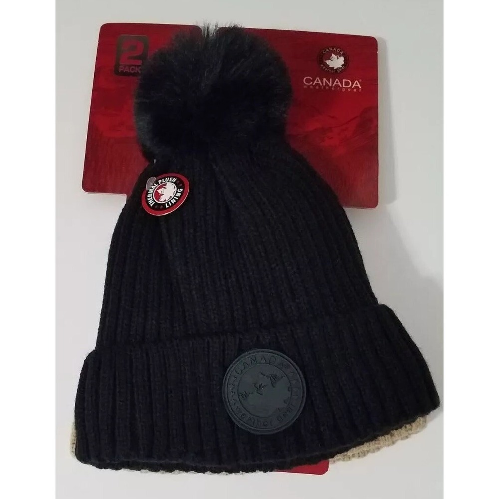Canada Weather Gear Thermal Plush Lined Beanie Set Hat 2pc‎ Tan Brown Black NEW